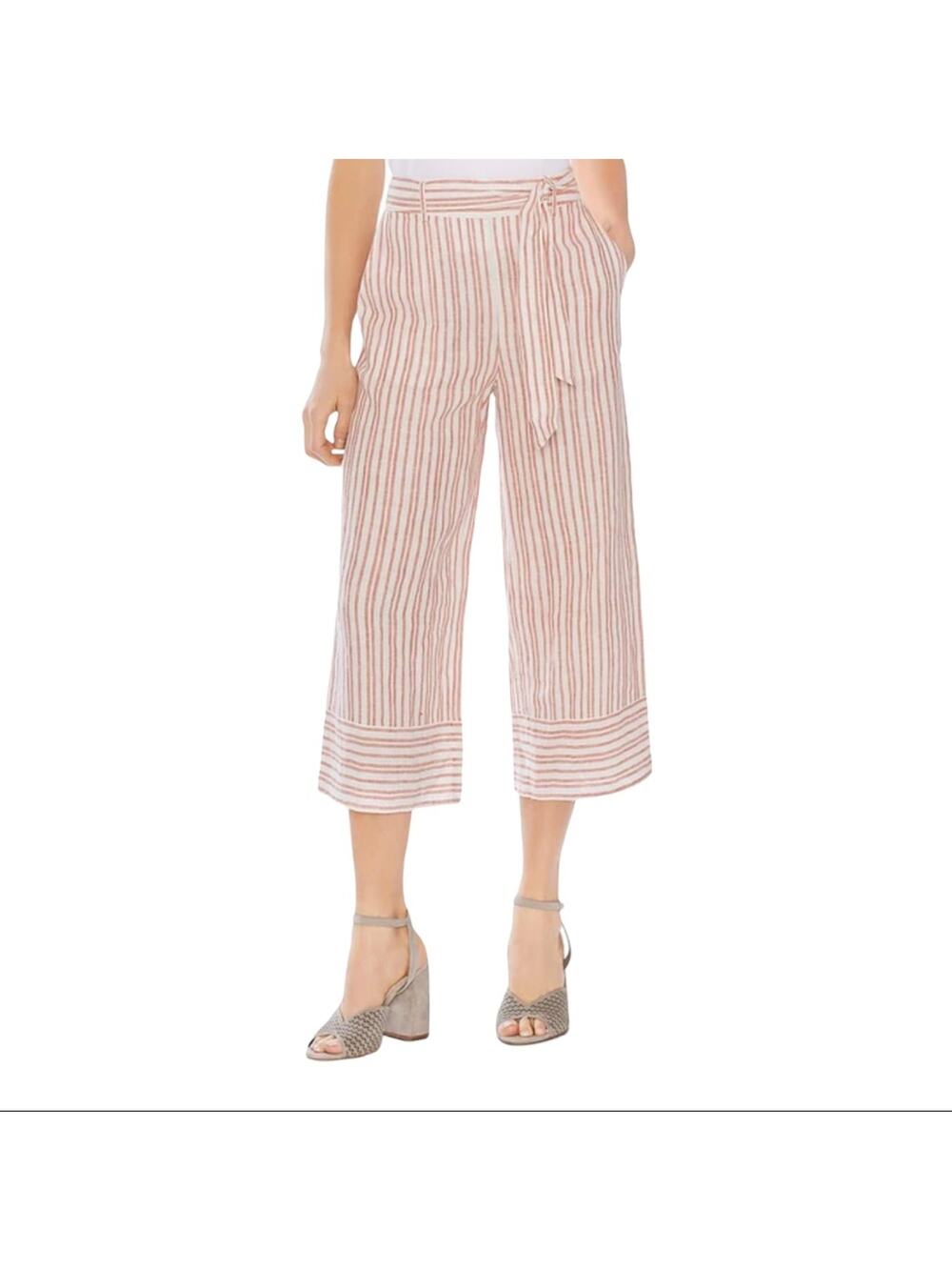Vince Camuto 100% Linen Striped Cropped Belted Wide Leg Pants Women's XL NWT